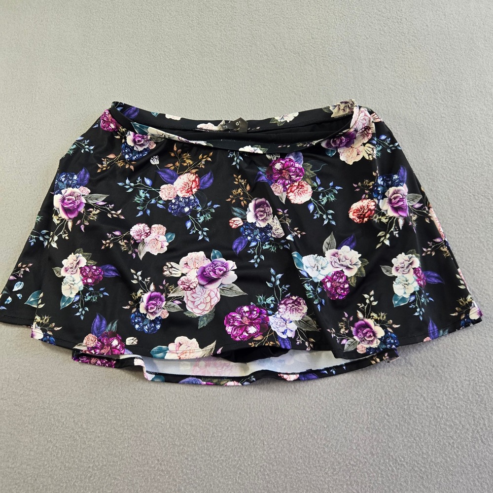 Torrid Swim Skirt Women Size 2 Black Purple Floral Flared Attached Brief Bottom